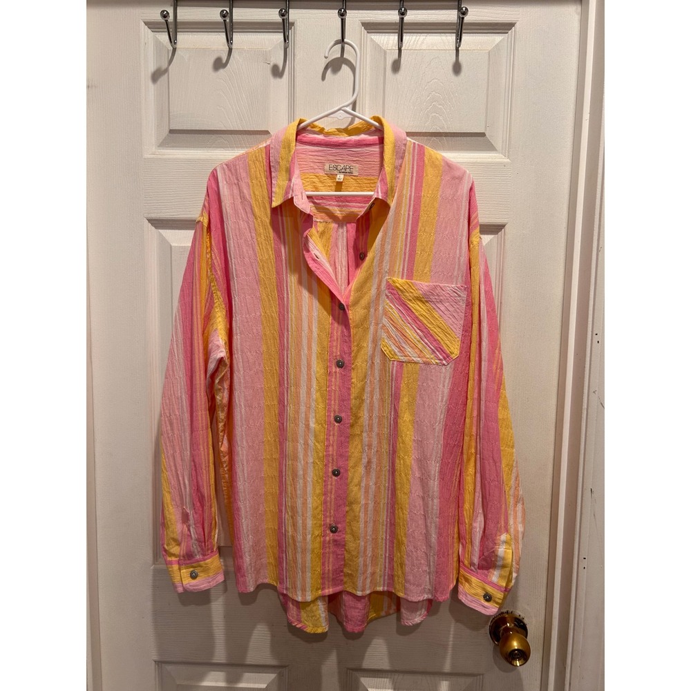 Escape‎ by Habitat Clothes Pink Yellow Striped Seersucker Button Up Shirt Large